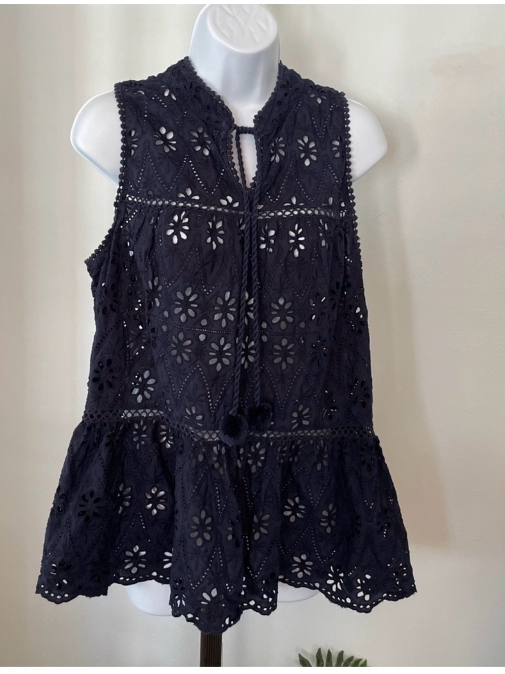 Sleeveless Navy Eyelet Peplum Top